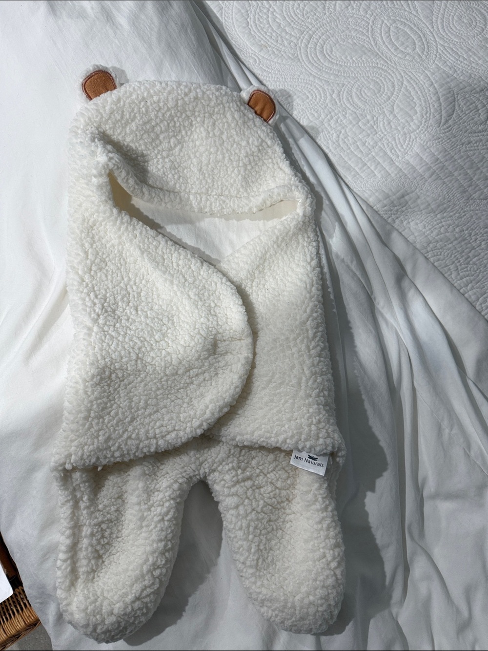 Cozy Sherpa Baby Wrap with Bear Ears - Cream